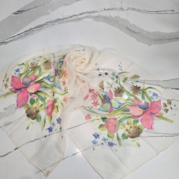 Vintage Floral Sheer Silk Scarf With Hand-Painted Orchid Design in Japan 16"x44" - Picture 2 of 15